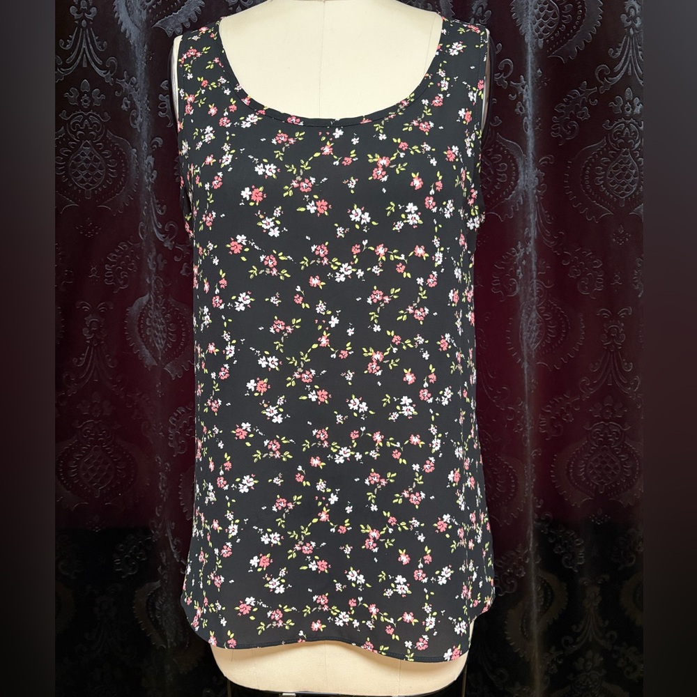 Express Black Floral Scoop Neck Tank Top with Pink & White Blossoms
